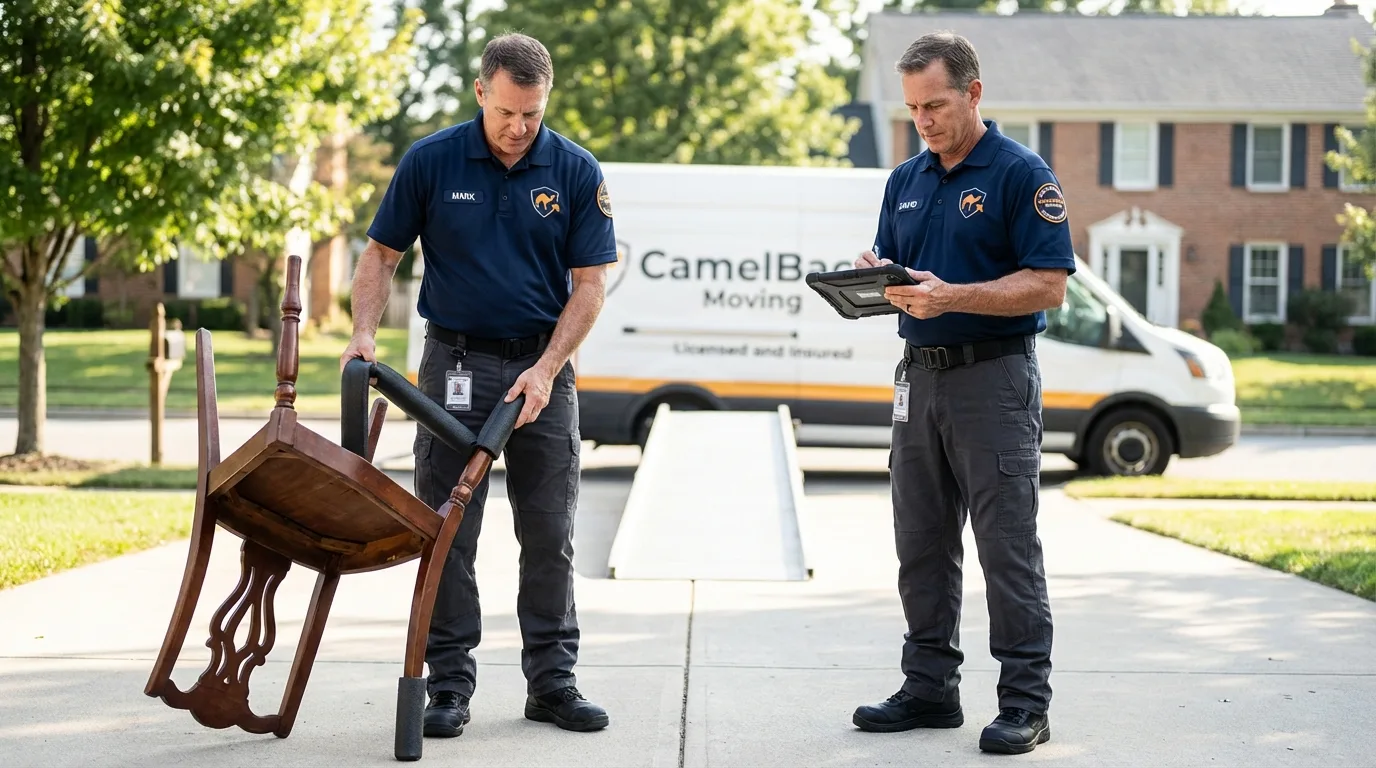 Movers inspecting furniture for damage prevention before loading in Rushford, MN