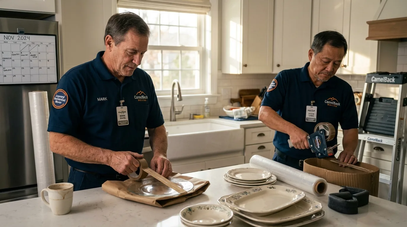 Professional crew packing kitchen dishware in Rushford, MN